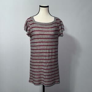 TratGirl Gray and Red Striped Ruffle Sleeve Top women’s Size Small
